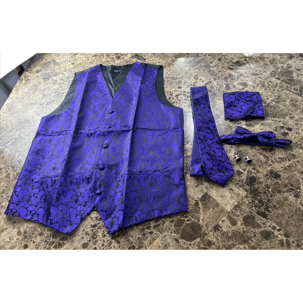 Alizeal Mens Purple Black Jacquard Paisley Suit Vest Set 4pc Size M